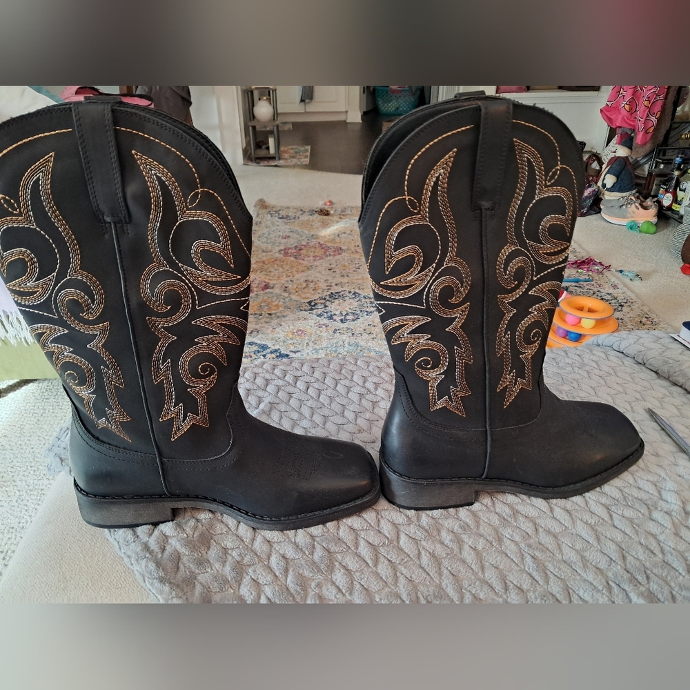 SheSole New Black Western Cowboy Boots with Gold Stitching Sz 7 - Picture 4 of 6